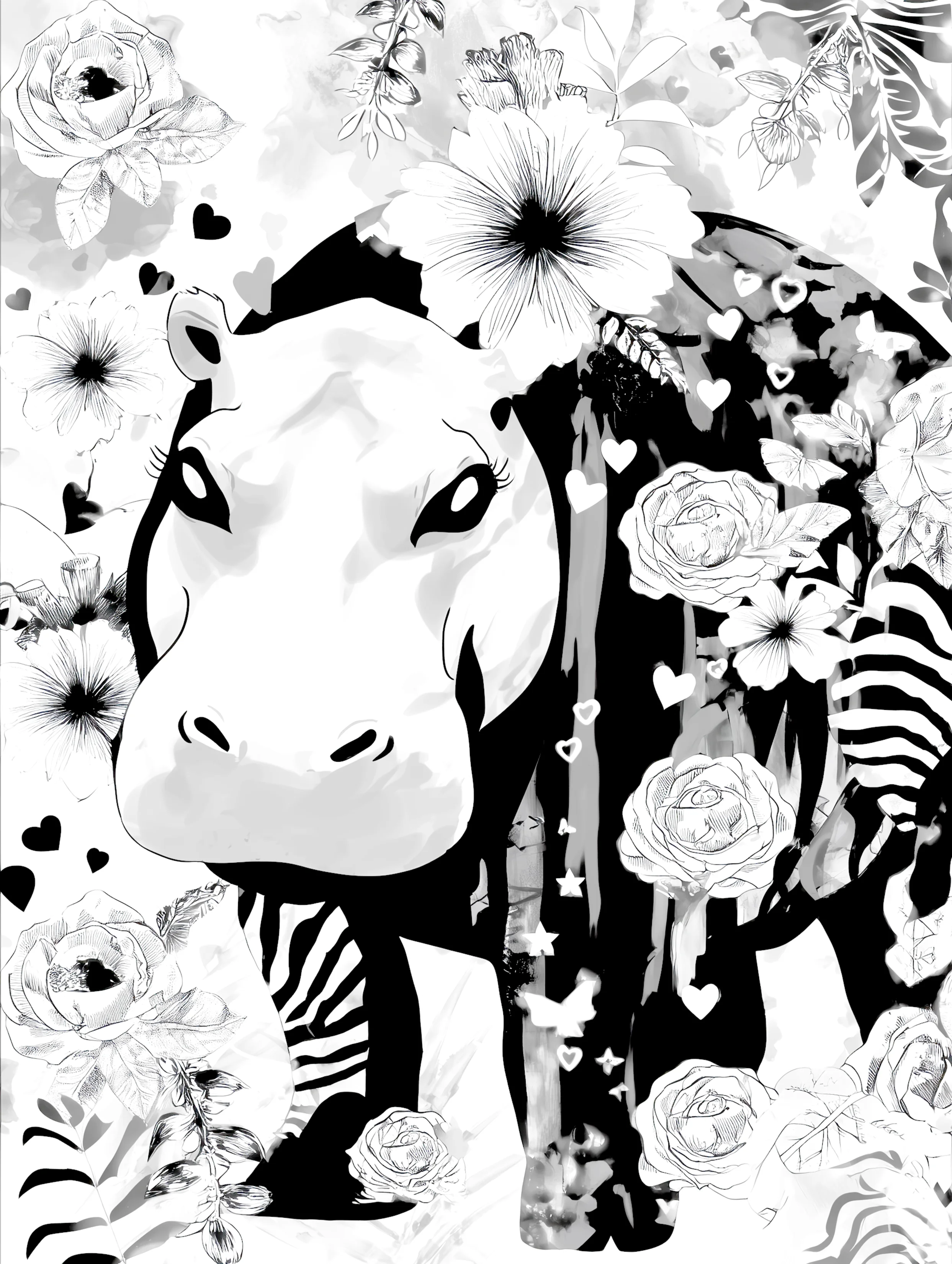 Free printable hippo coloring page featuring dark body hippo